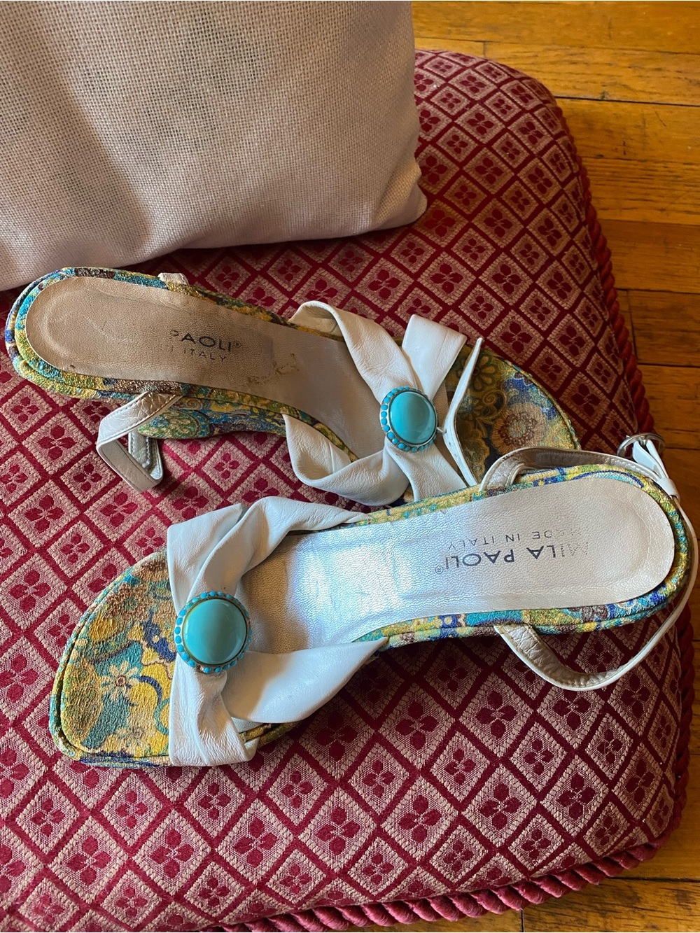 Mila Paoli White Leather Slide Sandals with Turquoise Button